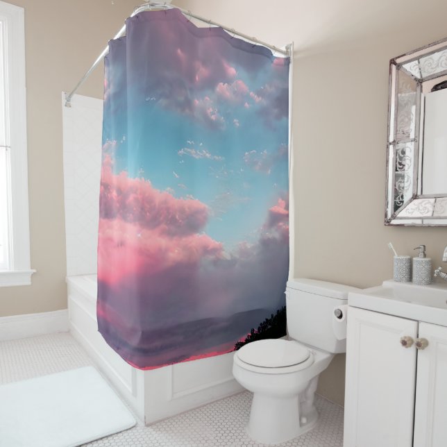 Pastel-coloured sky shower curtain (In Situ)