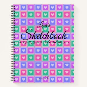 Pastel Coloured Squares with Hearts Skectchbook  Notebook