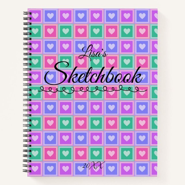 Pastel Coloured Squares with Hearts Skectchbook  Notebook (Front)