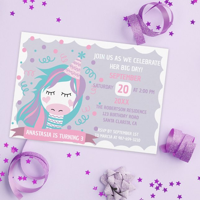 Pastel Coloured Unicorn Girl's Birthday Party Invitation (Creator Uploaded)