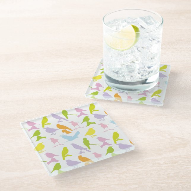 Pastel Coloured Variety of Birds Pattern Glass Coaster (Angled)