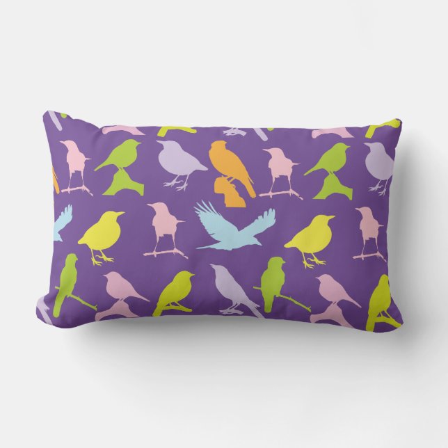 Pastel Coloured Variety of Birds Pattern Lumbar Cushion (Front)