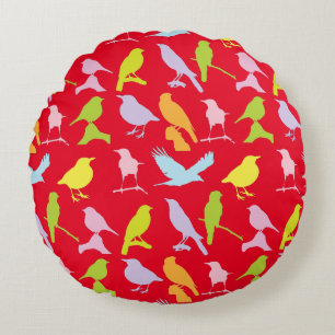 Pastel Coloured Variety of Birds Pattern Round Cushion