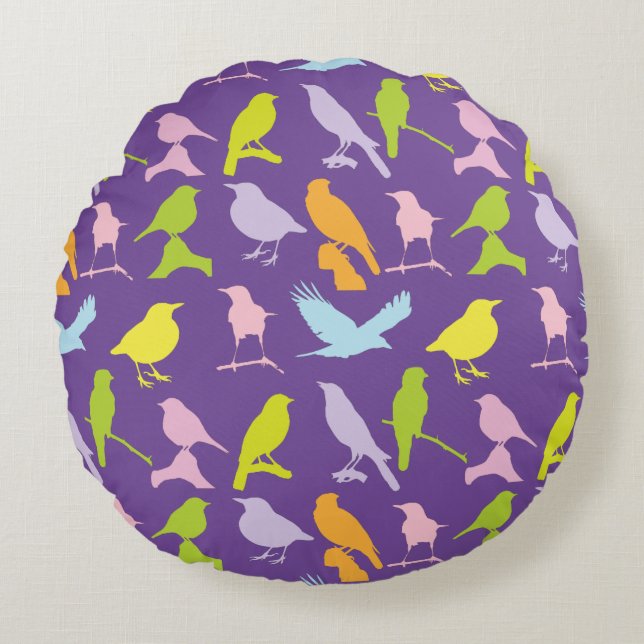 Pastel Coloured Variety of Birds Pattern Round Cushion (Front)
