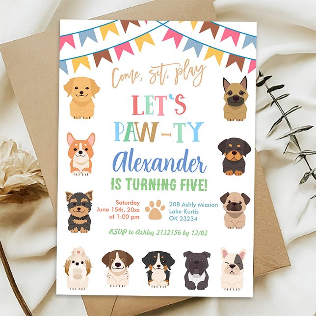 Pastel colourful birthday let's pawty dog invitation (Creator Uploaded)