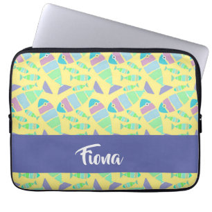 Pastel colourful fishes on yellow laptop sleeve