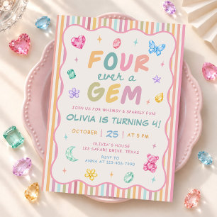 Pastel Colourful Four ever a Gem Girl 4th Birthday Invitation