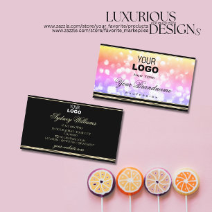 Pastel Colourful Glitter Black Gold Border and Log Business Card