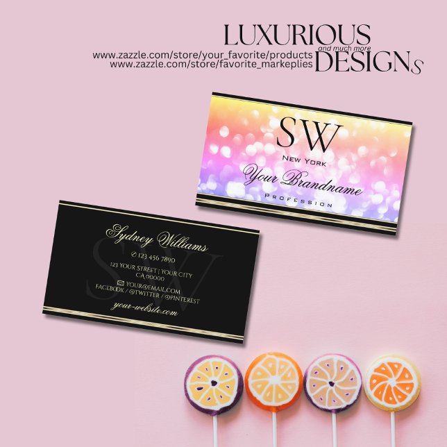 Pastel Colourful Glitter Black Gold Border Monogra Business Card (Creator Uploaded)