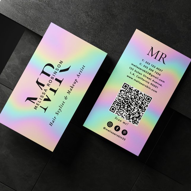 Pastel Colourful Holographic Monogram and QR Code Business Card (Creator Uploaded)