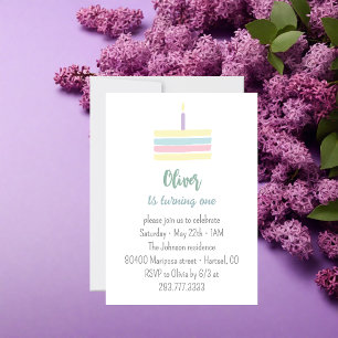 Pastel colourful lilac cake 1st Birthday party   Invitation