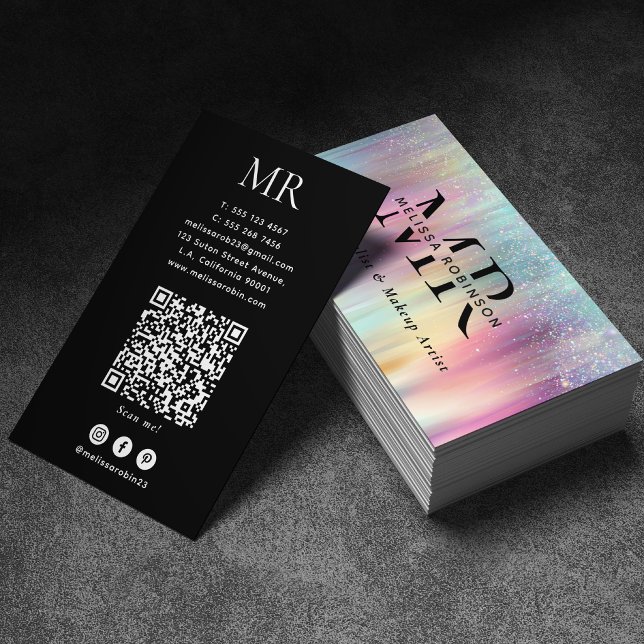 Pastel Colourful Rainbow Glitter Monogram & QR Cod Business Card (Creator Uploaded)