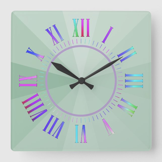 Pastel Colourful Roman Hour, Minute Marks on Green Square Wall Clock (Front)