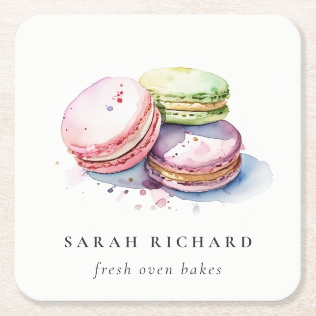 Pastel Colourful Watercolor French Macarons Bakery Square Paper Coaster (Front)