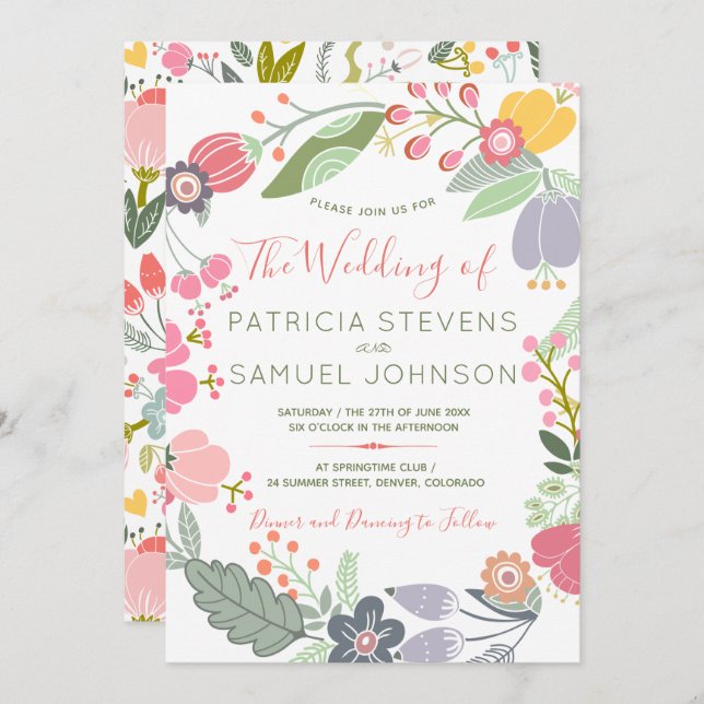 Pastel colourful wildflowers meadow wreath wedding invitation (Front/Back)