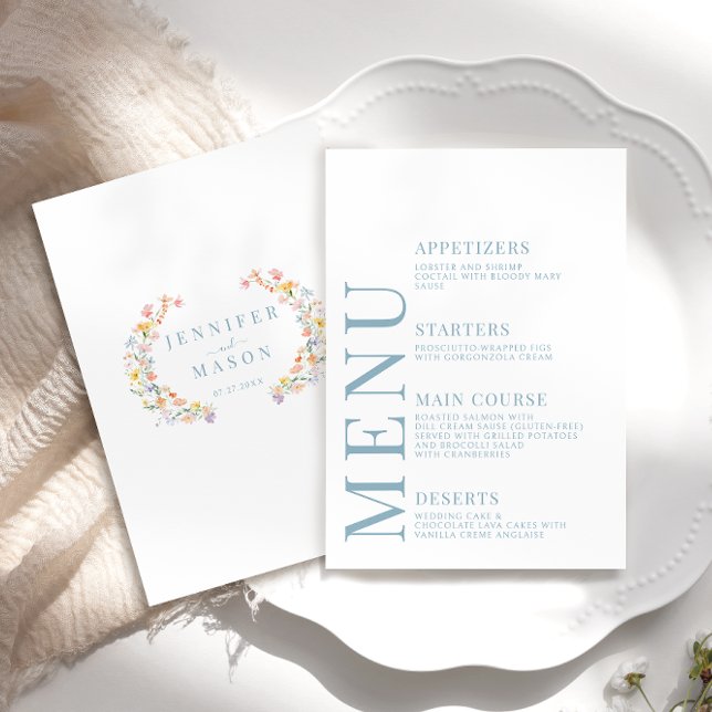 Pastel Colourful Wildflowers Wedding Menu Cards (Creator Uploaded)