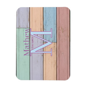 pastel colourful wood rustic monogram est. year na magnet