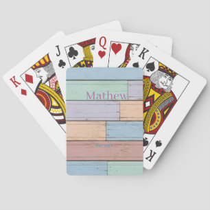 pastel colourful wood rustic monogram est. year na playing cards