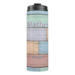 pastel colourful wood rustic monogram est. year na thermal tumbler