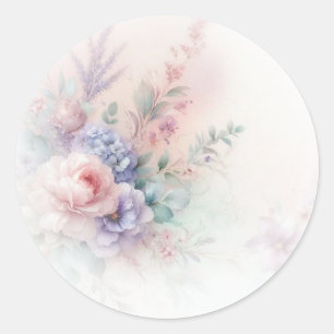 Pastel Colours Aquarell Flowers Add Your Text Blan Classic Round Sticker