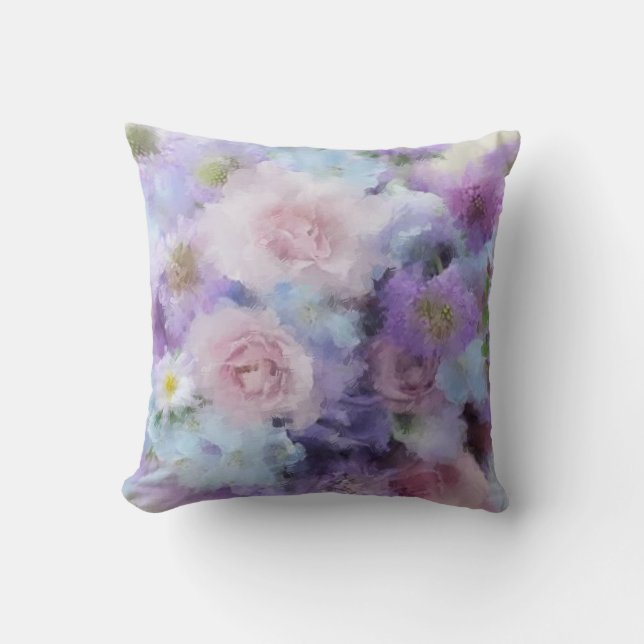 Pastel Colours Blue Purple Elegant Abstract Flower Cushion (Front)