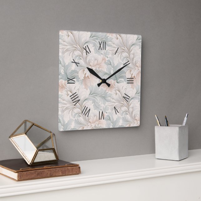 Pastel colours delicate ornamental floral motifs square wall clock (Office)