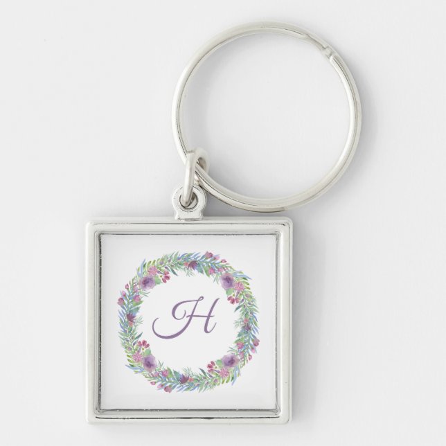 Pastel Colours Floral Wreath Monogrammed Key Ring (Front)