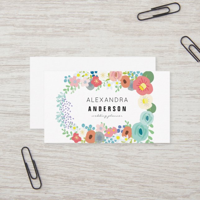 Pastel Colours Flower Wreath White Business Card (Front/Back In Situ)