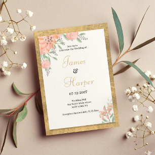 Pastel colours gold watercolor floral frame Weddin Invitation