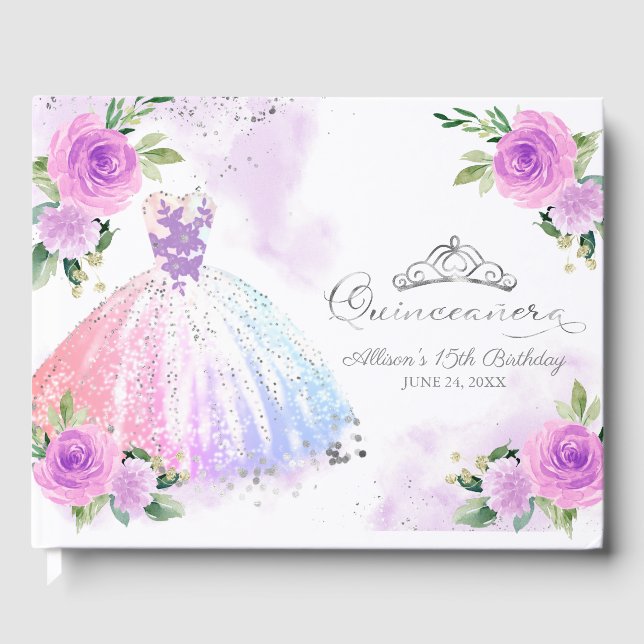 Pastel Colours Gown Floral Quinceanera Guest Book (Front)