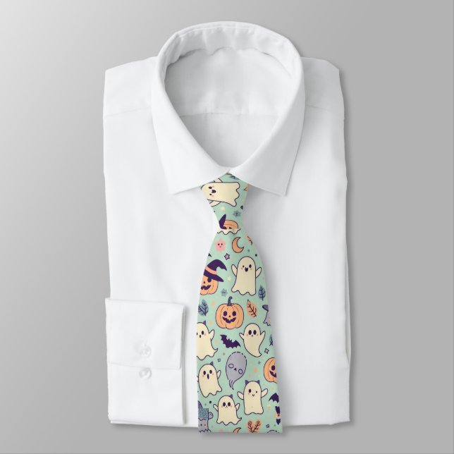 Pastel Colours Halloween Symbols Pattern Tie (Tied)