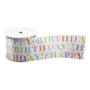 Pastel Colours Happy Birthday Text with Confetti Satin Ribbon