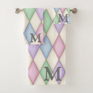Pastel Colours Harlequin Pattern 3-D Monogram Bath Towel Set
