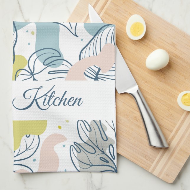 Pastel colours Palm leaves and organic shapes Tea Towel (Quarter Fold)