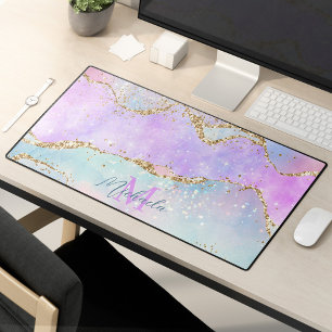 Pastel Colours Pink Blue Agate Glitter Monogram  Desk Mat
