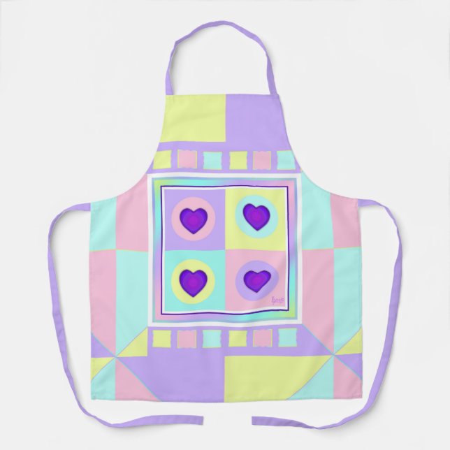 Pastel colours & purple hearts beating apron (Front)