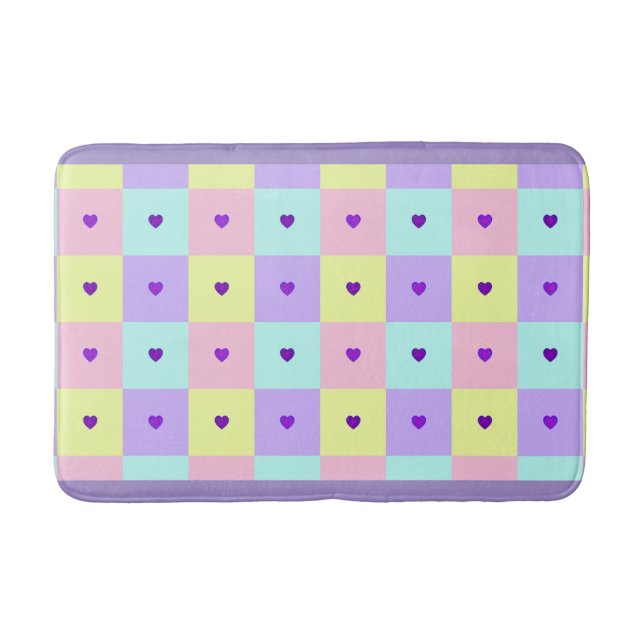 Pastel colours & purple hearts beating bath mat (Front)