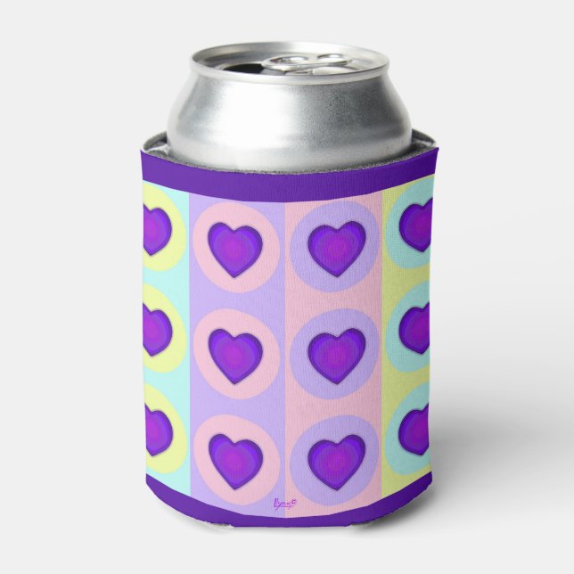 Pastel colours & purple hearts beating can cooler (Can Front)