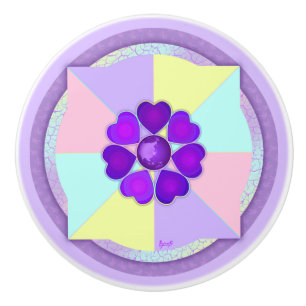 Pastel colours & purple hearts beating ceramic knob