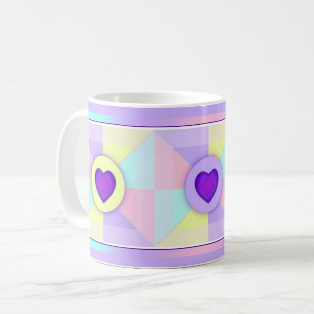 Pastel colours & purple hearts beating coffee mug (Front Left)