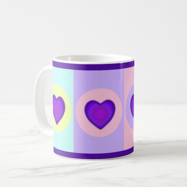 Pastel colours & purple hearts beating coffee mug (Front Left)