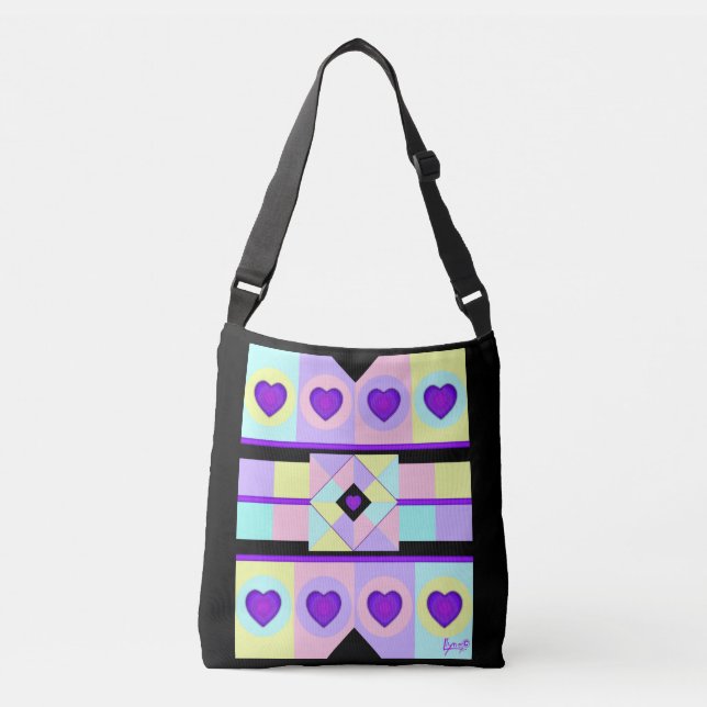 Pastel colours & purple hearts beating crossbody bag (Front)