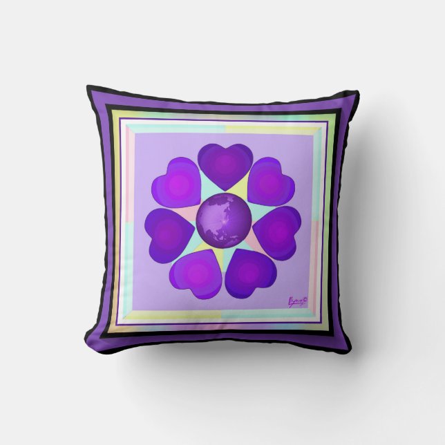 Pastel colours & purple hearts beating cushion (Front)