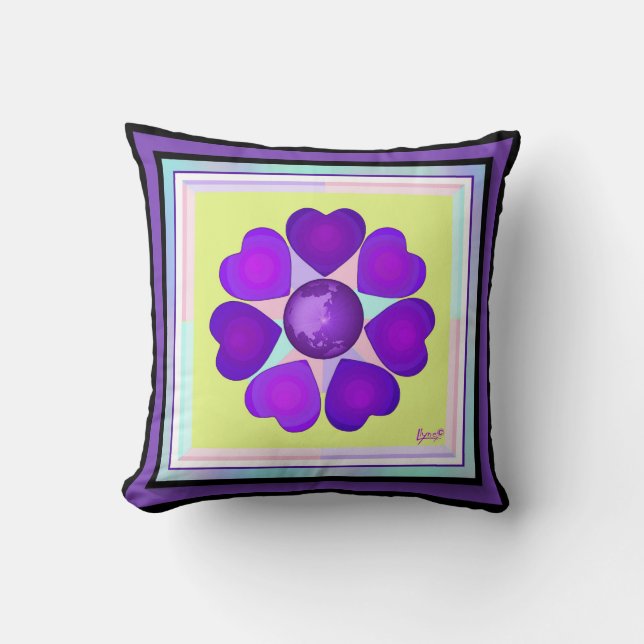 Pastel colours & purple hearts beating cushion (Front)