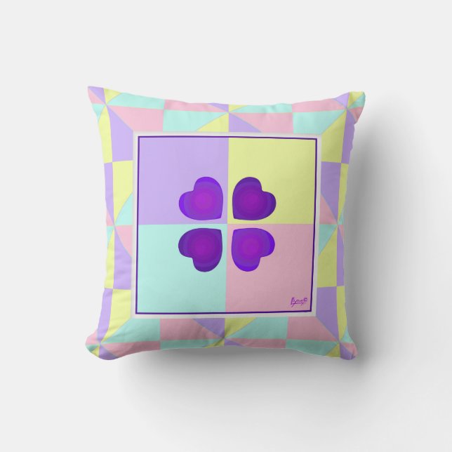 Pastel colours & purple hearts beating cushion (Front)