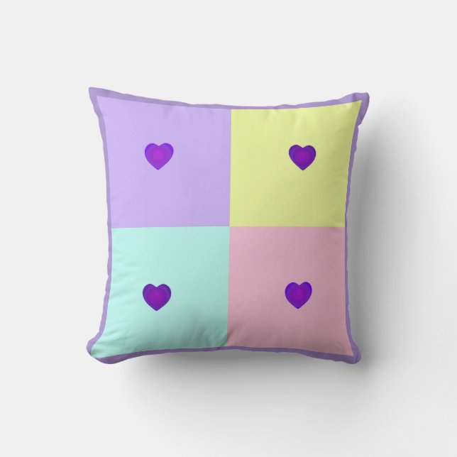 Pastel colours & purple hearts beating cushion (Front)