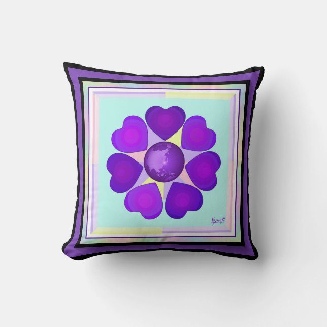 Pastel colours & purple hearts beating cushion (Front)