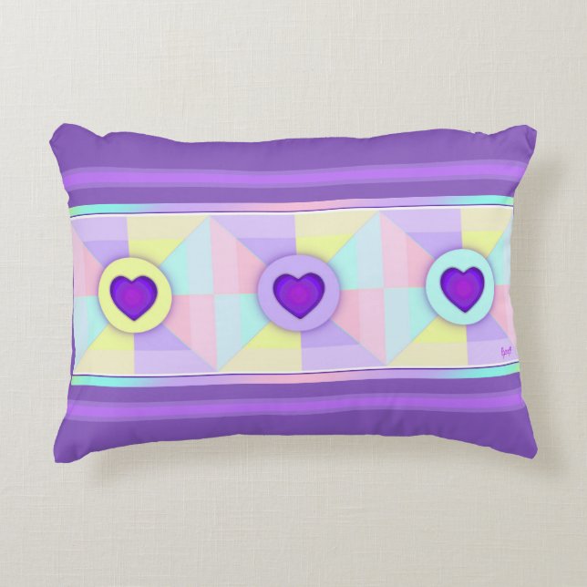 Pastel colours & purple hearts beating decorative cushion (Front)
