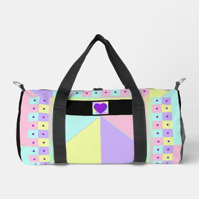pastel colours & purple hearts beating duffle bag (Front)