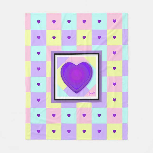Pastel colours & purple hearts beating fleece blanket (Front)